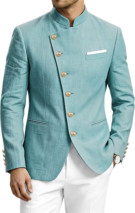 HUUTOE Mens Casual Suit Nehru Blazer Linen Chinese Jackets Silm Stand Mandarin Collar Lightweight Sport Coats Business