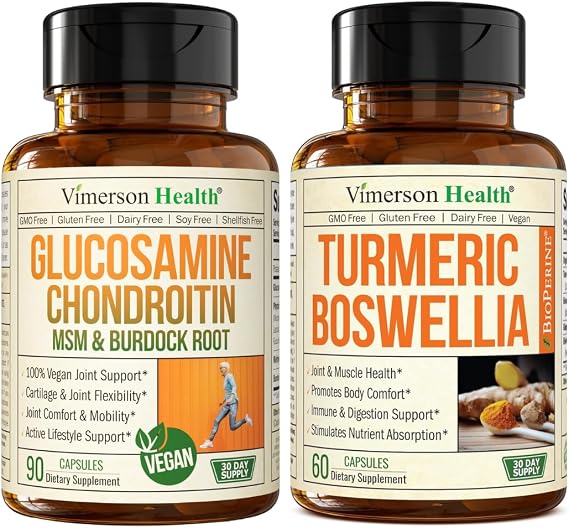 Vegan Glucosamine Chondroitin MSM & Turmeric Boswellia Advanced Joint Comfort & Mobility Support Bundle for Active Lifestyles