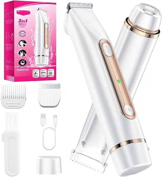 Bikini Trimmer for Women, 2-in-1 Electric Razors for Women Painless, Pubic Hair Trimmer & Facial Hair Remover, IPX7 Waterproof Rechargeable Lady Shaver for Bikini Area, Legs, Underarms & Face (White)