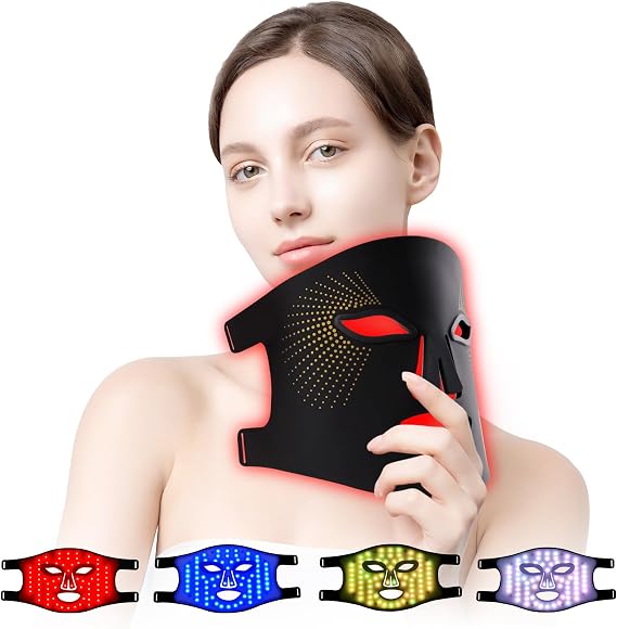LED Face Mask Light Therapy, 4 Colours LED Mask Face with Red Light Therapy for All Skin Types Face Care Home Use Travel Use Black