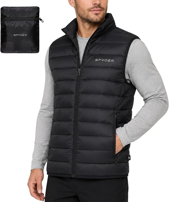 Spyder Mens Puffer Vest - Packable Lightweight, Lycra Binding, Zip Pockets
