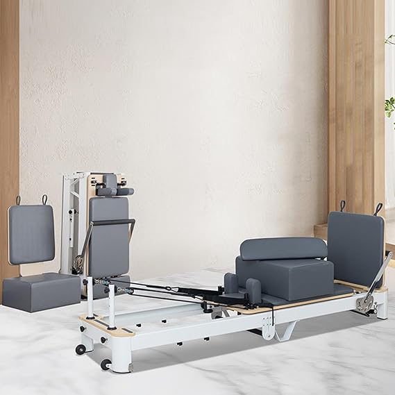 Foldable Pilates Reformer Machine, Adjustable Exercise at Home Pilates Equipment with Springs, Jump Board & Sitting Box