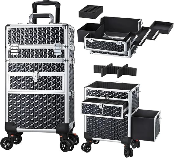 Makeup Suitcase Rolling Makeup Case with Wheels Drawers Large Professional Cosmetology Trolley Travel Cosmetic Storage Train Cases for Women