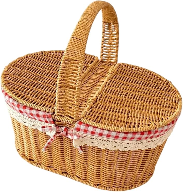 Büyük Boy Plastik Rattan Örme Piknik Sepeti Oval Ekoseli Tek Kulp