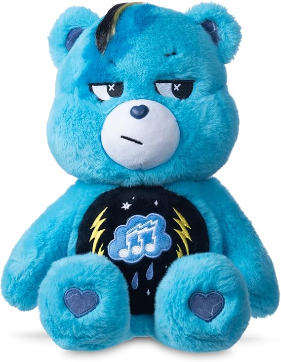 Basic Fun Care Bears 22cm Rock Theme Plush – Grumpy Bear Eco-Friendly Soft Toy with Lightning Belly Badge – Collectible Plush for Kids & Fans, Blue, 14"