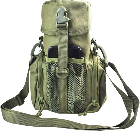Molle Water Bottle Holder for 64 oz Bottles - Carry, Protect and Insulate Your Flask with Military Grade Carrier 2 Zipper Pockets and an Adjustable Shoulder Strap