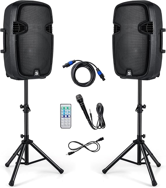 Suono 15" Dual Powered Speakers, 3000W 2-Way Portable Loud Speaker with Stands, Microphone for Indoor Outdoor Party (Active+Passive Speakers + Stands)