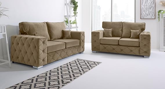 Sofahub Milton Mink Plush Velvet Sofa - Button Tufted Design, Foam Cushion Seats & Chrome Feet | 2 Seater Sofa - Living Room Sofa Set - Solid Wood Frame - Fullback Sofa (Mink, 2 Seater)