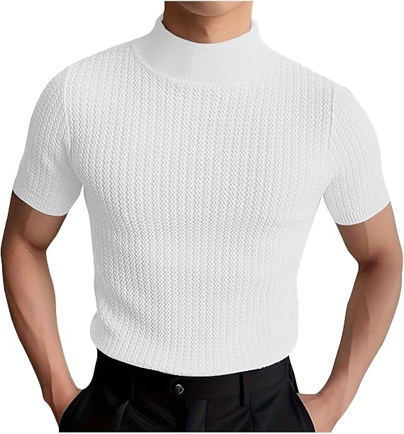Generic Men Mock Turtleneck Tshirt Ribbed High Collar Short Sleeve Pullover Tops Spring Summer Basic Fitted Muscle Undershirt