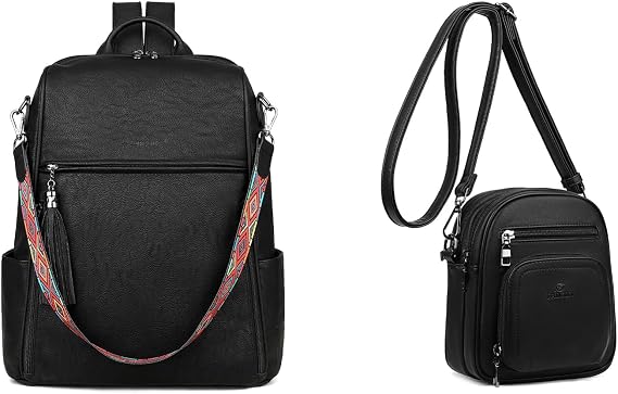 FADEON Leather Laptop Backpack for Women & Crossbody Bag Black Collection