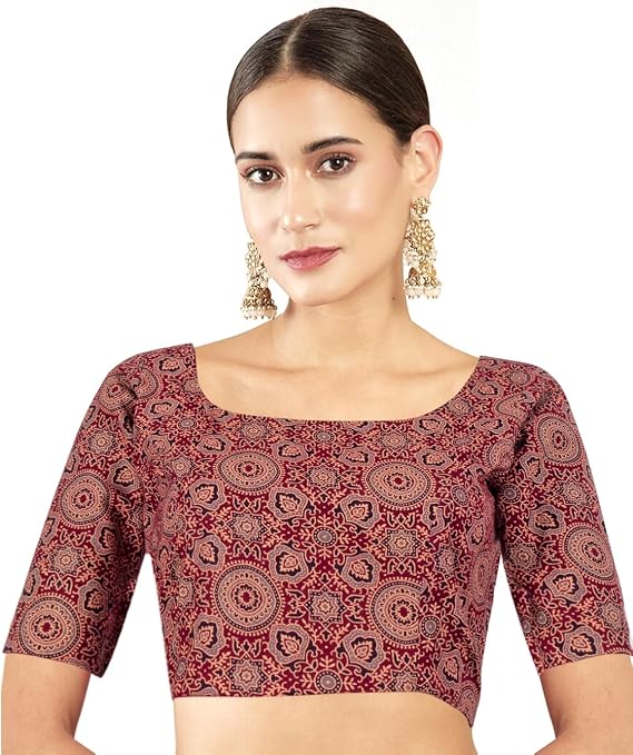 Chandrakala Cotton Printed Blouses for Women Sarees, Elbow Sleeves Ajrakh Print Crop top Choli (B223-P)