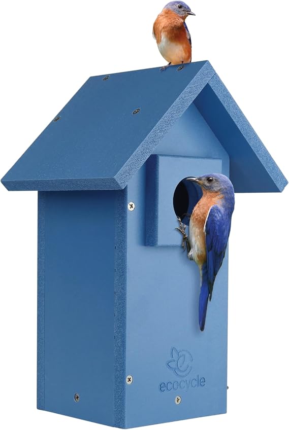 Bluebird Bungalow Recycled Plastic Bird House with Predator Guard and Clean-Out Door, Wild Bird House and Outdoor Decor, Blue