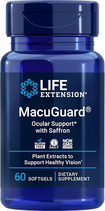 Life Extension MacuGuard Ocular Support with Saffron Eye Health Supplement for Healthy Vision with Lutein, Meso-zeaxanthin, zeaxanthin, Saffron Gluten-Free, Non-GMO 60 softgels