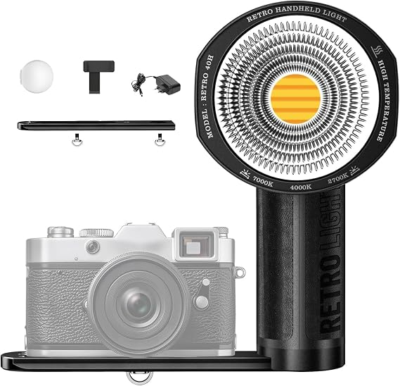LENSGO 40H Retro Camera Light, 40W Bi-Color 2700K-7000K CRI 96+ Video Light, 2600mAH, 8 Light Modes, Adjustable Brightness & Colour Temperature for Photography Lighting