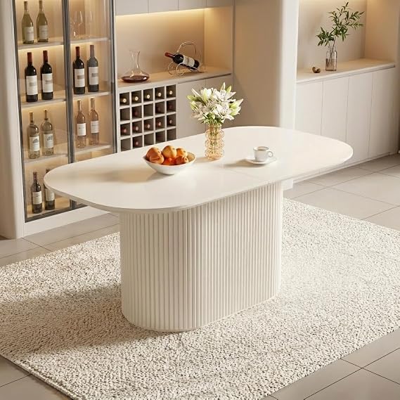62.99" Modern Oval Dining Table, White, Fluted Base