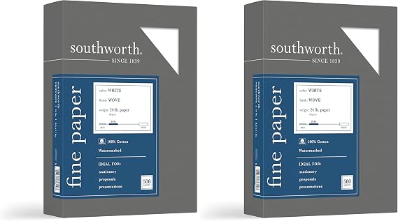 Southworth 100% Cotton Business Paper, 8 1/2" x 11", 24 Lb, 100% Recycled, White, Box Of 500 (Pack of 2)