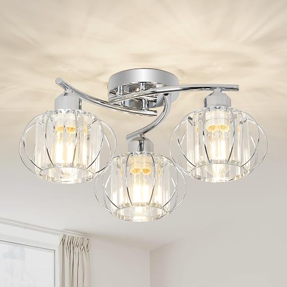 Crystal Ceiling Lights Living Room, 3-Lights Chandeliers Ceiling Light Chrome, Modern Ceiling Lights with Glass Lampshades, Crystal Chandelier for Bedroom, Kitchen Light Ceilings for Hallway [Energy Class D]