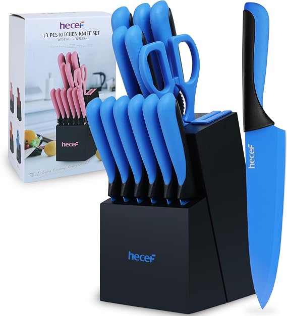 hecef 14 Pieces Kitchen Knife Set with Built-in Sharpening Wooden Block, Dishwasher Safe, High Carbon Stainless Steel Knife Block Set with Steak Knives, Kitchen Scissors (Blue)