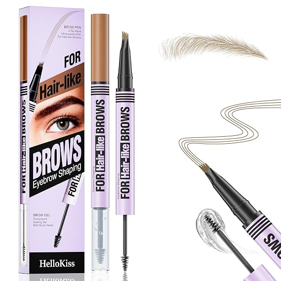 Microblading Eyebrow Pencil, 2-in-1 Dual-Ended Eyebrow Pen, Micro-Fork Tip, Micro-Fork Tip & 4 Tipped Spoolie Brush, Precise Brow Pen Natural Makeup Effect (Light Brown)