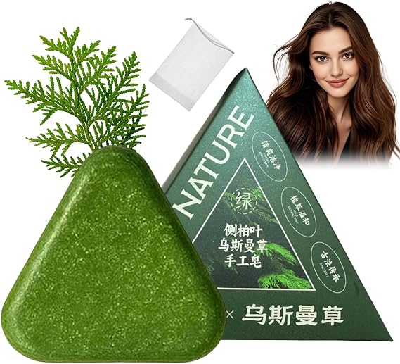 Nature Triangle Shampoo Bar with Foaming Nets, Nature Seven Green Soap Shampoo, Usman Grass Shampoo Bar, Calming & Strengthens Hair, Solid Shampoo and Conditioner Bars for All Hair Types