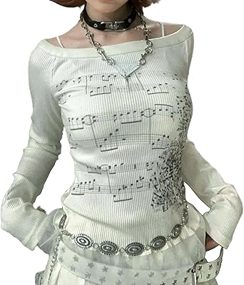 Grunge Off Shoulder Tops Women Long Sleeve Fitted 2000s Goth Emo Music Shirt Teen Girls Vintage Y2k Graphic Tee