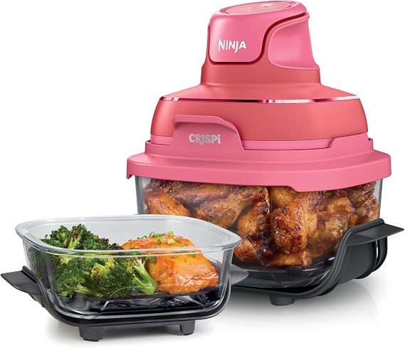 Ninja Crispi 4-in-1 Glass Air Fryer | 450°F | Non-Toxic | 4 Quart & 6 Cup Glass Container with Lid | Microwave, Freezer & Dishwasher Safe | Max Crisp, Air Fry & Bake & Recrisp | Cherry Crush | FN101DR
