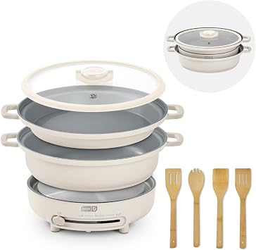 Dash Stacks Stacking Cookware Set with Electric Burner - Features CleanCoatingTM Ceramic Nonstick Coating - Versatile, Nestable Pieces - Convenient Storage - Cream, 8-Piece