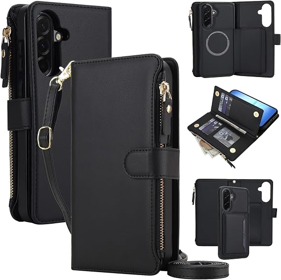 Generic case Compatible with Samsung Galaxy A16 5G (Color : Black) Removable Leather Wallet flip Back Case with Shoulder Strap