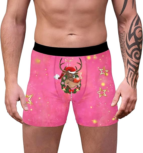 Mens Christmas Lingerie, Boxers for Men, Boxers Reindeer Snowflake Santa Claus Printed 3d Novelty Xmas Underpants Breathable Comfortable Soft Underwear Loose Festive Costumes Plus Size Retro