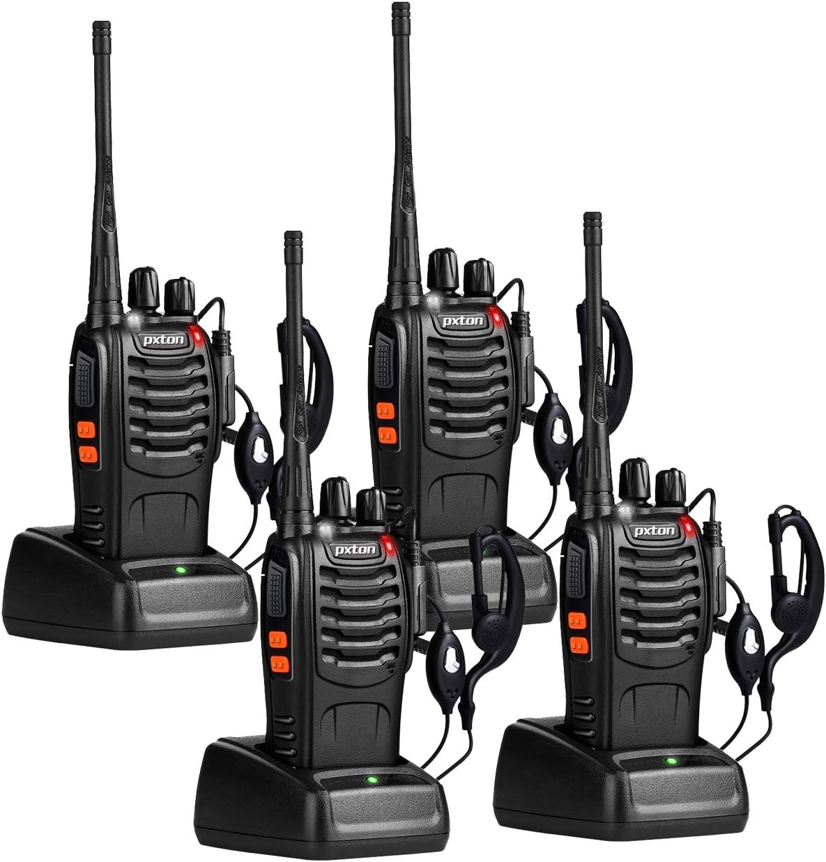 pxton Walkie Talkies Long Range for Adults with Earpieces,16 Channel Walky Talky Rechargeable Handheld Two Way Radios with Flashlight Li-ion Battery and Charger（4 Pack