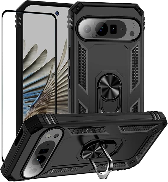 Google Pixel 9 Pro XLケース、スクリーンプロテクター付き、360度回転リングキックスタンドミリタリーグレードの耐衝撃カバー、Pixel 9 Pro XL用マグネット式カーマウントフォンケースに対応ブラック