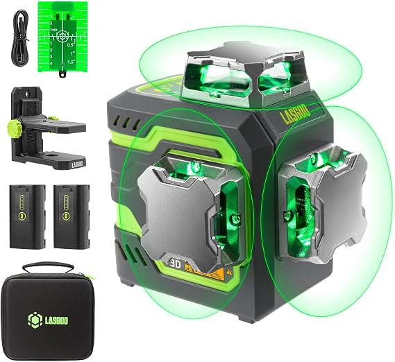 LasGoo LG-3D Laser Level Self Leveling 3x360, 3D Green Beam Cross Line Laser for Construction and Picture Hanging, 2 Rechargeable Batteries (20 Hrs), Magnetic Liftable Stand Included, Green