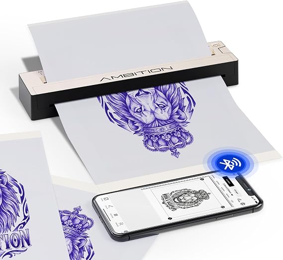 Ambition Wireless Tattoo Transfer Stencil Printer - Inkless Transfer Thermal Copier Machine Compact Printer with 10pcs Transfer Paper Compatible with Phone & PC