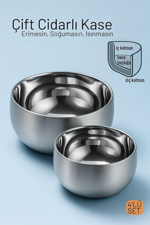 Transformacion Çift Cidarlı Isı Yalıtımlı 4'lü Lüks Kase Seti Premium 304 Paslanmaz Çelik (16cm & 18cm), 7220191
