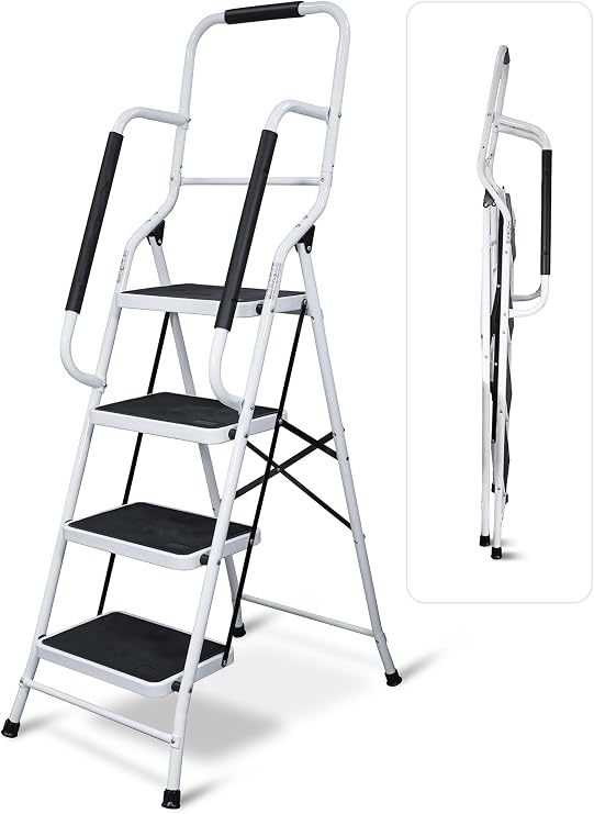 Aidapt 4 Stepladder with Dual Handrails, Folding, Space Saver, Extra Wide Rubber Treads, Non-Slip Rubber Feet, Durable Steel, for Home DIY, Gardening, Workplace, Kitchen Step Stool,