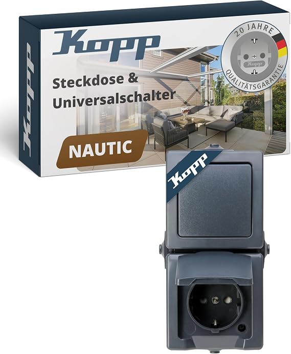 Kopp 138515009 Nautic 2-Way Combination Consisting of Socket with Hinged Lid and Increased Touch Protection and Universal Switch IP44 Vertical Mounting Anthracite