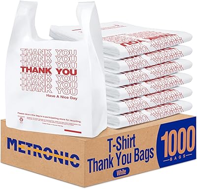 METRONIC 1000 Count White Thank You Bags with Handles, 11.5 x 6.5 x 21 Plastic Carry Bags for Retail, Supermarket, Grocery Shopping Bag for T-shirt Packaging, Takeout, Convenience Stores, in Bulk