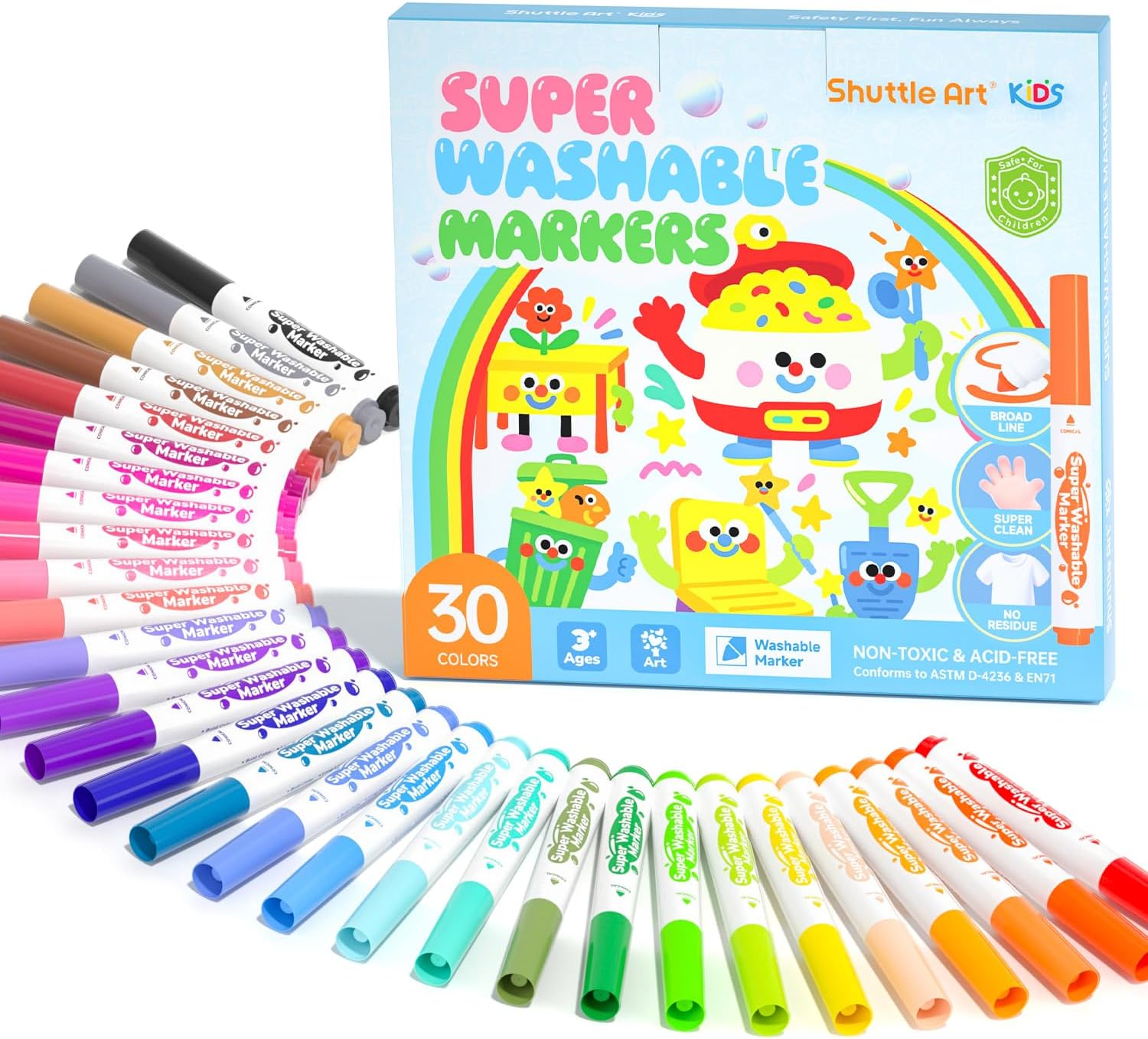 Shuttle Art Super Washable Markers, 30 Vibrant Colours with Broad Conical Tips for Kids, Ultra Clean Ink Markers for Colouring Books, Ideal for Home
