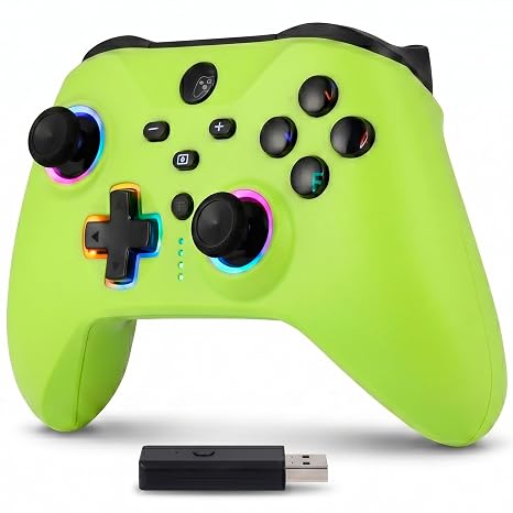 Altaudia Wireless Bluetooth Controller for PC - Compatible with PC Switch/Android and iOS Smartphones USB Port 2 Macro Buttons Dual Vibration 6 Axis RGB LED Lights Green