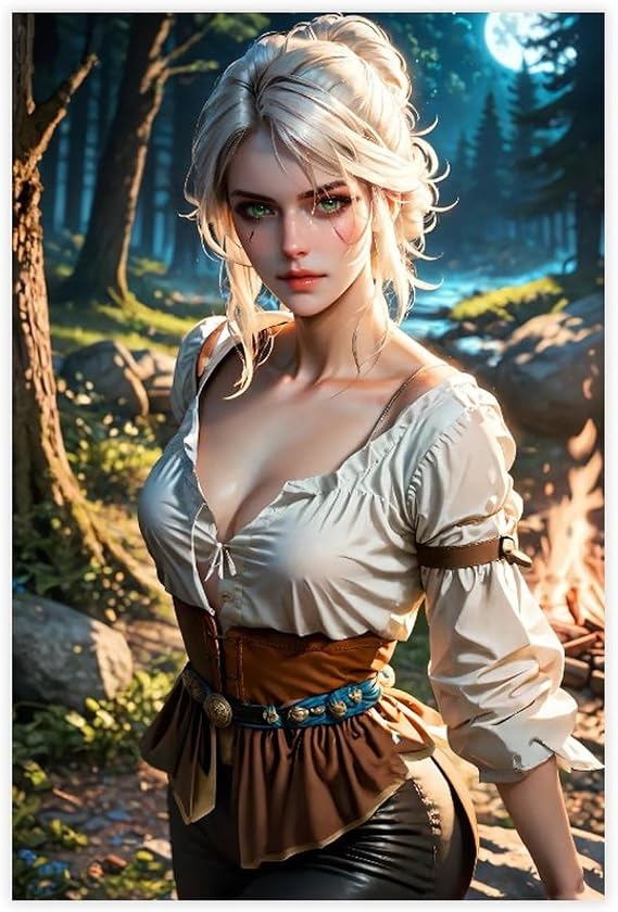 AI Silver-haired Beauty, AI Sexy Girl, Dress, Forest Canvas Poster Wall Art Decor Print Picture Paintings for Living Room Bedroom Decoration Unframe: 12x18inch(30x45cm)
