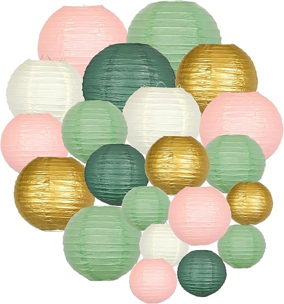 21 Pack Pastel Paper Lanterns, Sage Green Pink Gold Hanging Deco