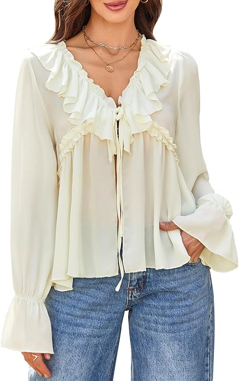 Boho Ruffle Front Tie V Neck Blouse for Women Sheer Long Sleeve