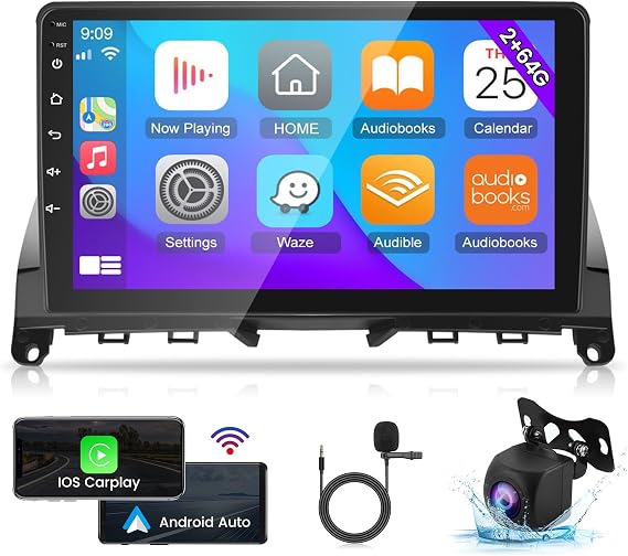 [2+64G] Android Car Stereo for Mercedes Benz C Class W204 S204 2006-2011 - Wireless Apple Carplay & Android Auto - 9 Inch Touchscreen Benz Radio - WiFi GPS Bluetooth + AHD Backup Camera