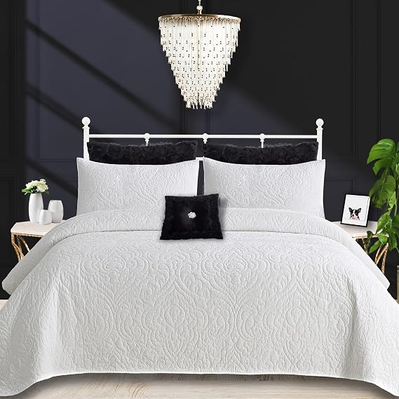 Querencia White Cotton Quilt King Size - Paisley Cotton Coverlet Lightweight Summer Bedspreads, Quilted Comforter Bed Spread, French Country Farmhouse Bedding, 3 Piece Set (King/Cal King)