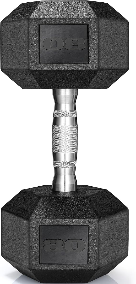 TLGREEN Rubber Coated Cast Iron Hex Dumbbell, Single 30-85lb Free Weight