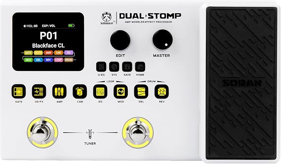 SORAN Dual Stomp Multi Effects Guitar Pedals, Rechargeable Multi Effects Processor with Expression Wah Volume 99 Presets 126 Effects 40s Loop 100 Drums 20 IR/NAM Slots USB Audio Record