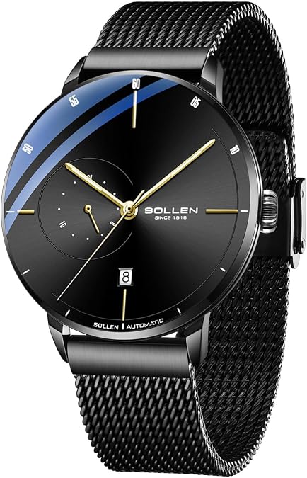 Black Automatic Watches for Men, Men's Automatic Watch, Original Mechanical Watch Movement,3ATM Water Resistant,Luminous Hands,Calendar and 24-Hour Display,Minimalist Self-Winding Wrist Watches