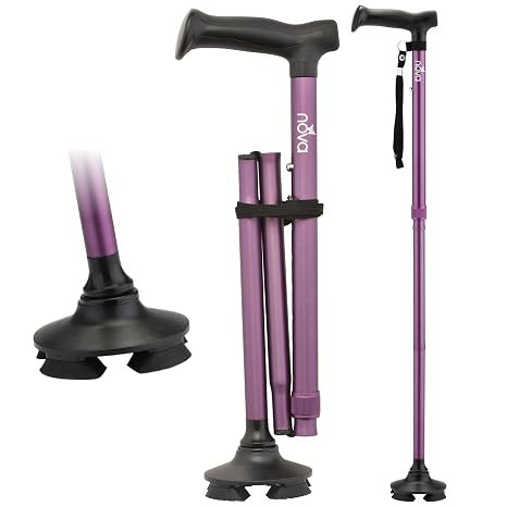 NOVA Foldable Quad Cane for Seniors, Self Standing Adjustable Walking Cane with Pivoting Quad Tip, Lightweight Collapsible Mobility Aid, Bonus Carry Pouch & Replacement Tips, Purple