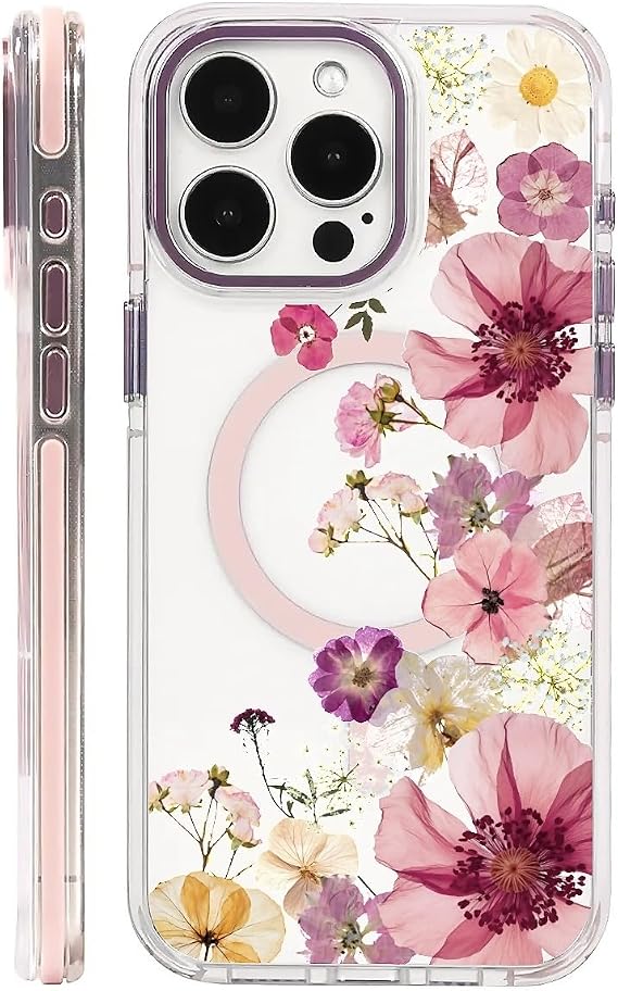for Magnetic Clear Case for iPhone 16 Pro Max Compatible with Magsafe, Various Dried Flowers-02 Phone Case, Soft Silicone Shockproof Protective Cover Cases for iPhone 16 Pro Max-(Pink)