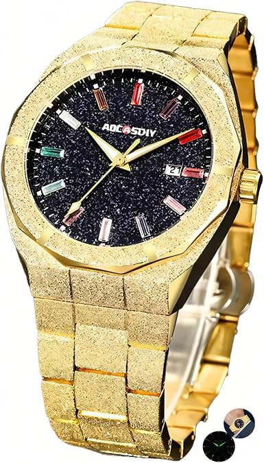 Luxury Men Quartz Watches Colourful Rhinestone Bling Dial Frosted Star Dust Rainbow Watch Men's Golden Wristwatch Stainless Steel Waterproof Luminous